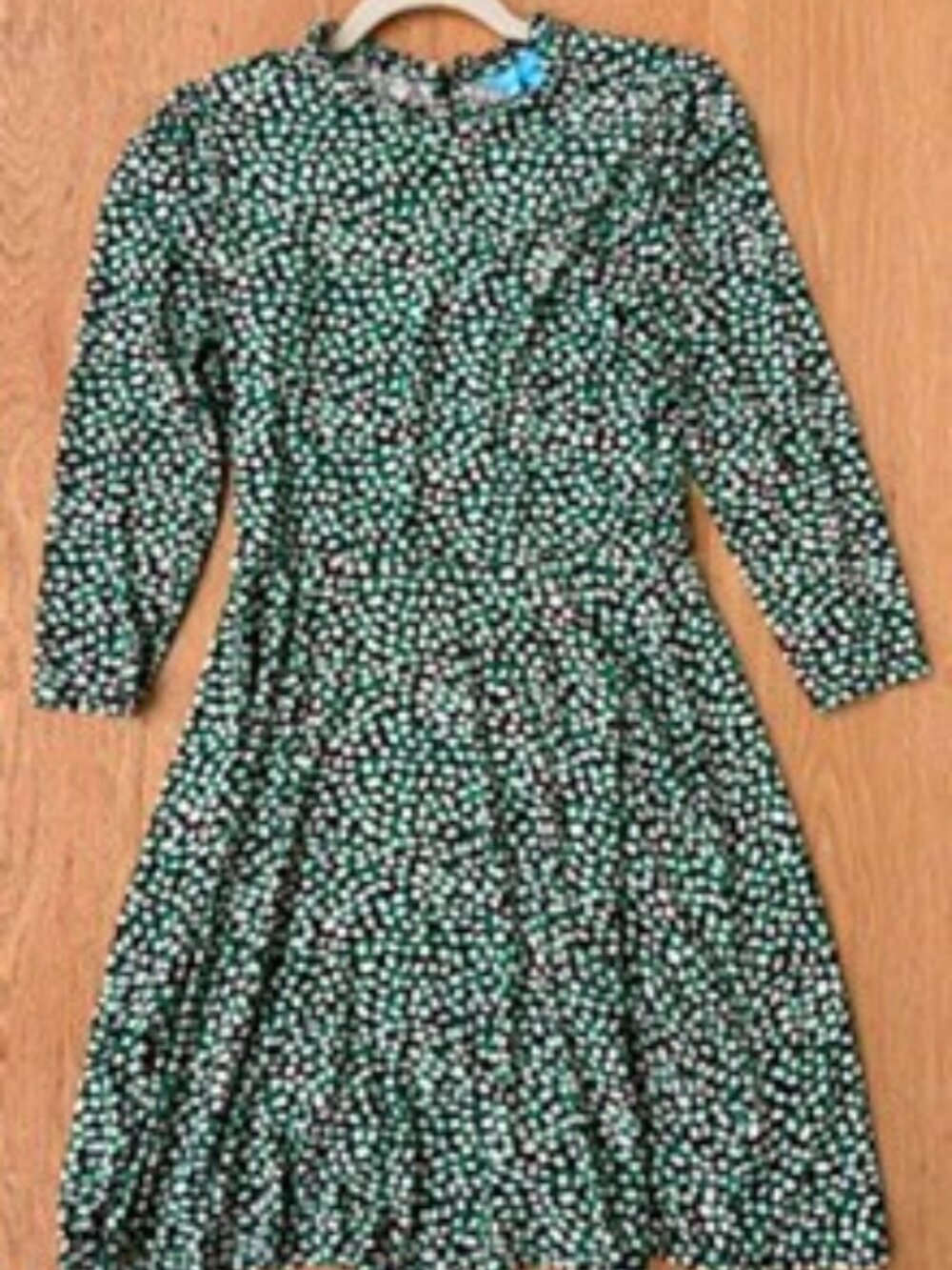 Draper James Green & Black Print Fit and Flare Dress, Ruffle Neck, Small